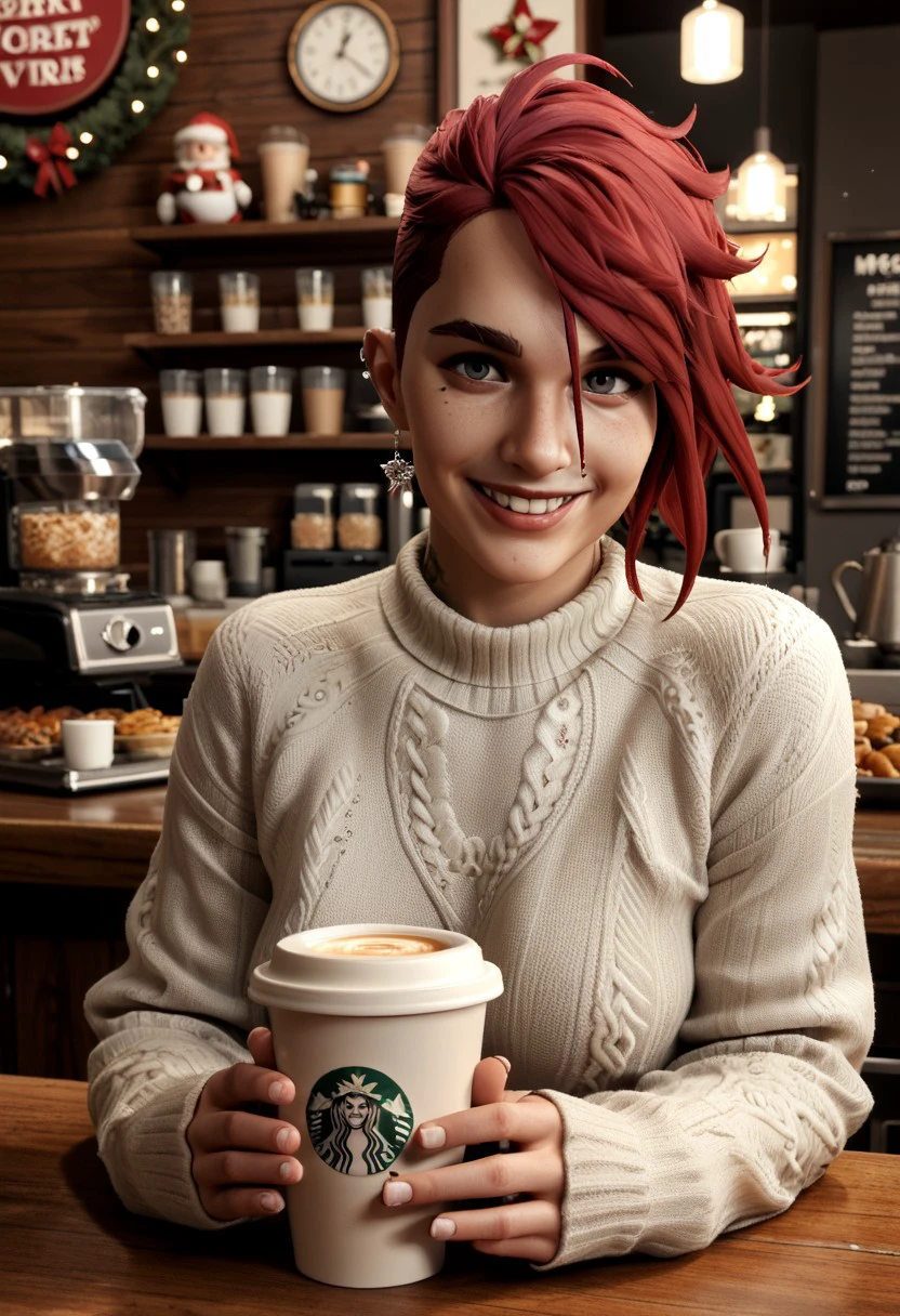 score_9, score_8_up, score_7_up Arcane Vi  in a coffee shop looking at viewer smile wearing a xmas sweater