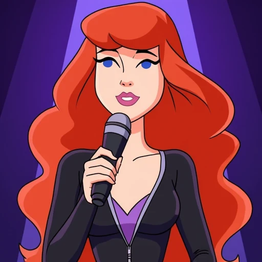 wavy red hair styled in thick flowing waves, athletic build and fair skin. She has long, specifically a character from a TV show or animated series. The subject is a female character with a slender, featuring a stylized female character singing on stage. The woman has long, Daphne Blake. This image is a digital drawing in a cartoon style, depicted as a young woman with long, voluminous red hair styled in soft waves. Her eyes are a striking blue