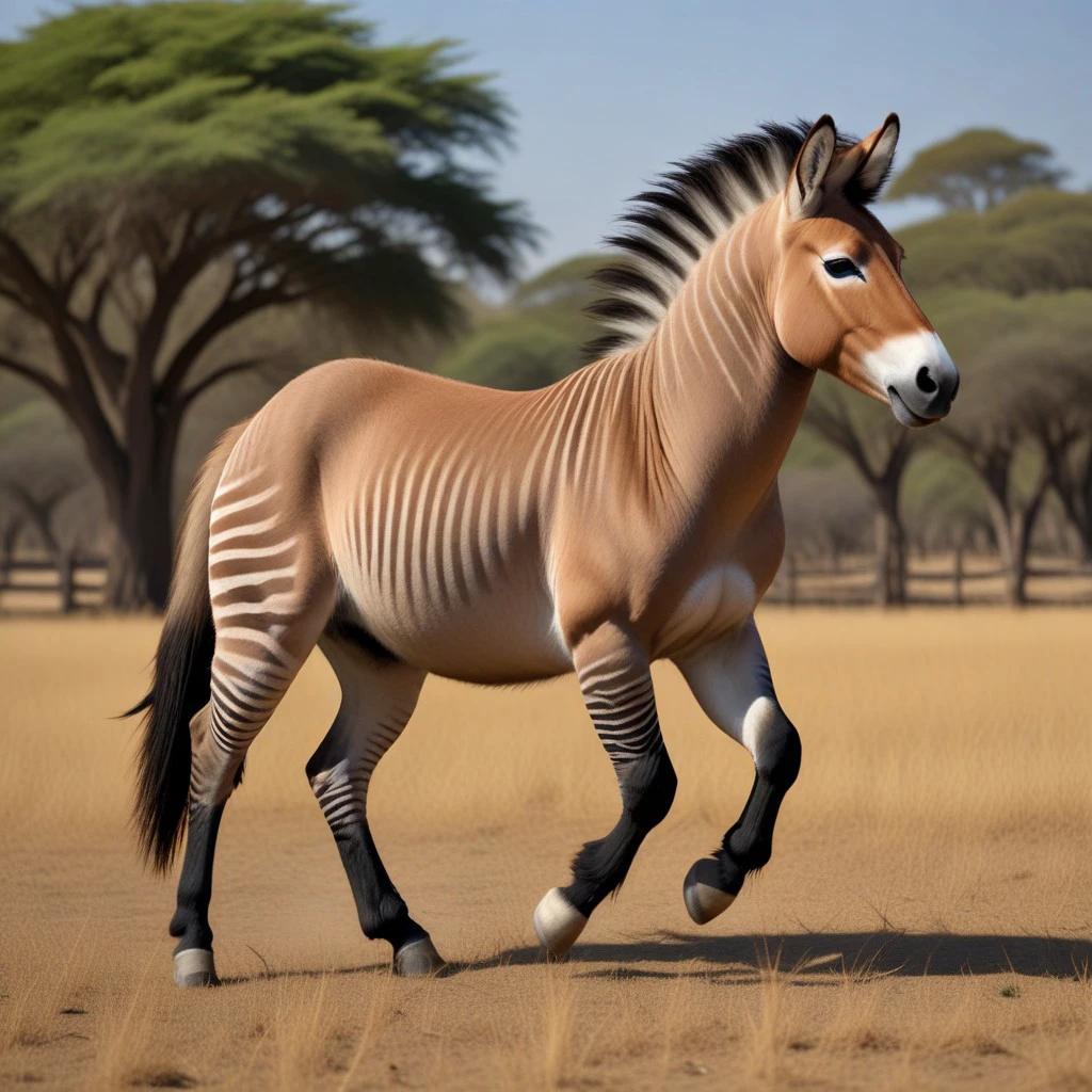 a zonkey hybrid horse , golden brown equine ancestor, ancestral power animal with characteristics of several modern equines, looks like a przewalski’s horse hybrid, running, tree, plant, moon