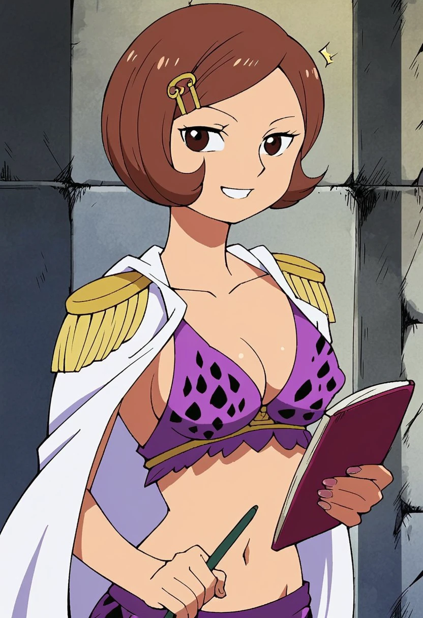 NerineOP, 1girl, solo, brown hair, short hair, hair clip, black eyes, lips, wide head, white cape, epaulettes, cleavage, large breast, bikini, bikini top only, short skirt, shoes, purple clothes, polka dot bikini, polka dot skirt, navel, midriff, groin, collarbone, notebook, pen, takes memos,
seductive pose, sexy pose, tease,  in the spotlight, ruins, smile,
 score_9, score_8_up, score_7_up, beautiful aesthetic, very intricate, high quality details,vibrant, highly detailed, award-winning, professional,anime artwork, anime style, studio anime, athletic, curvy body, athletic girl, perky tits,large breast,perfect tits, round breasts, nipple outline,looking at viewer, pinup pose,teasing, dynamic lighting, cinematic, smug, better than you, aura of temptation, highly detailed, high resolution, masterpiece, detailed clother, detailed background, highly detailed, ((sound effects)) comic layout,