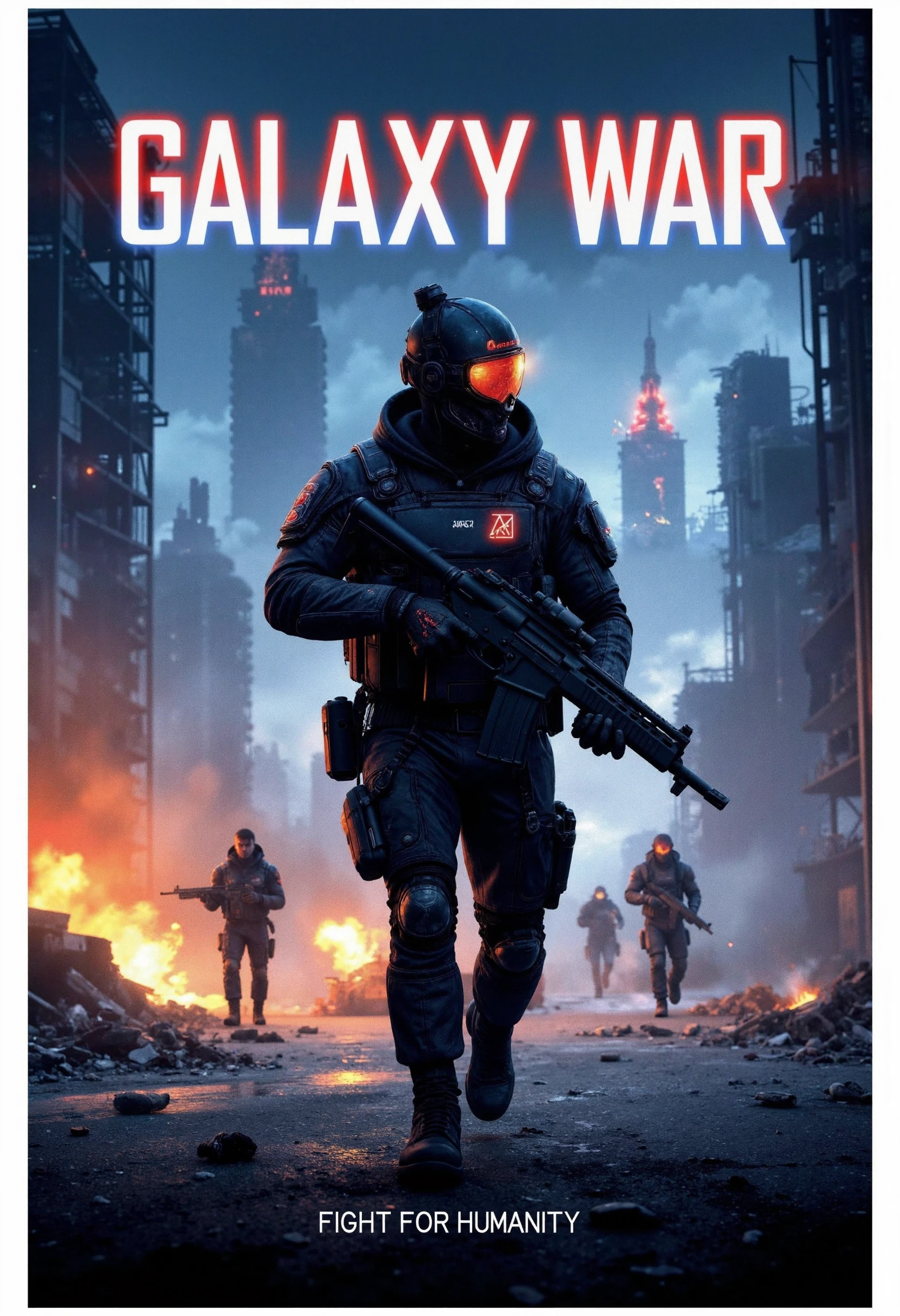 allposter, Create an intense, high-energy poster for a sci-fi shooter game featuring a futuristic soldier in sleek armor, with neon-lit weapons, standing amidst a crumbling city. Explosions and robotic enemies can be seen in the background. Use bold, glowing typography for the game title, 'GALAXY WAR,' and position it at the top with a neon effect. Below it, add the tagline, 'Fight for Humanity,' in a smaller, tech-inspired font<lora:Flux.1_Turbo_Detailer.safetensors:0.75:0.75> <lora:FLUX_All_Posters.safetensors:0.7000000000000001:0.7000000000000001>