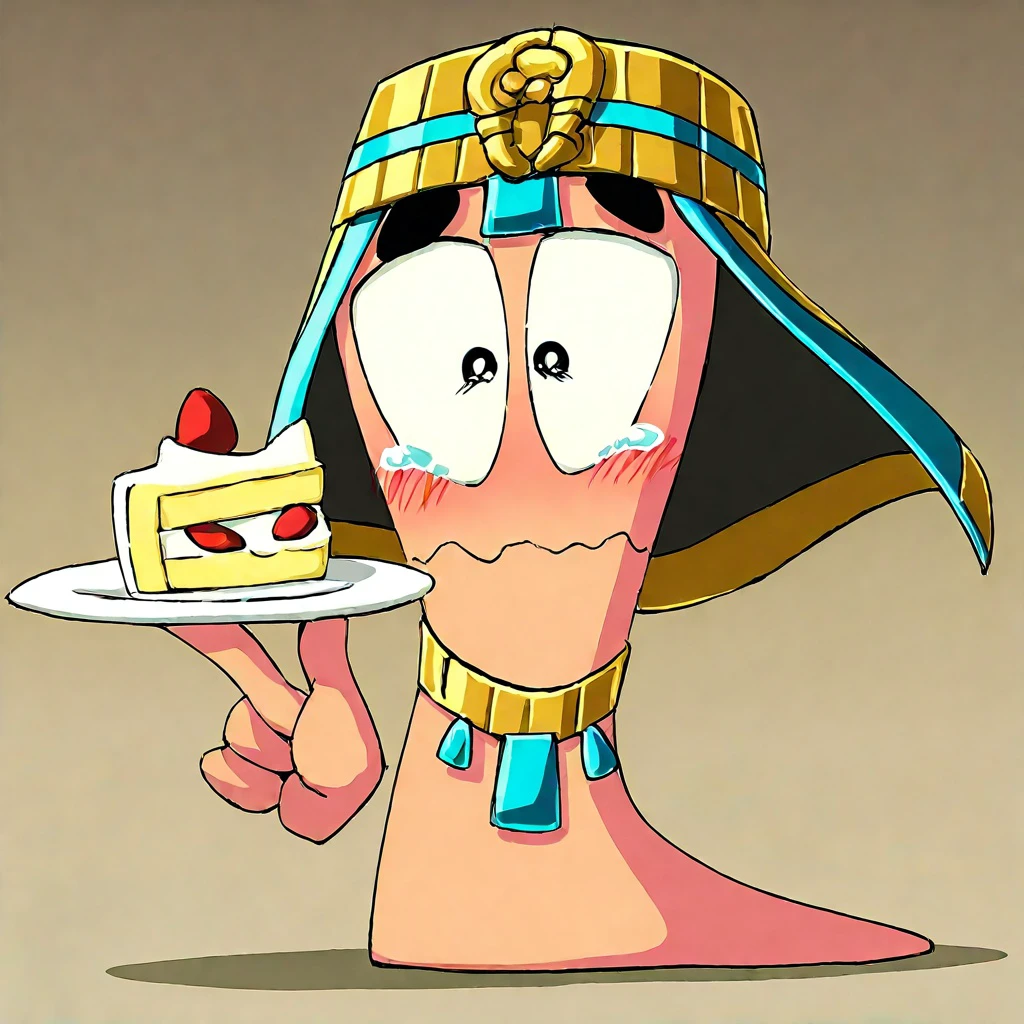 wormsteam17, worms2d, worm, 1worm, solo, from side, floating black eyebrows, (wavy mouth), tears, crying with eyes open, blush, ((big pupils)), [ancient egyptian clothes], (nemes, uraues), rayman limbs, holding plate with slice of cake, short fingers, looking at viewer, shadow, abstract background, general, best quality, masterpiece, very aesthetic