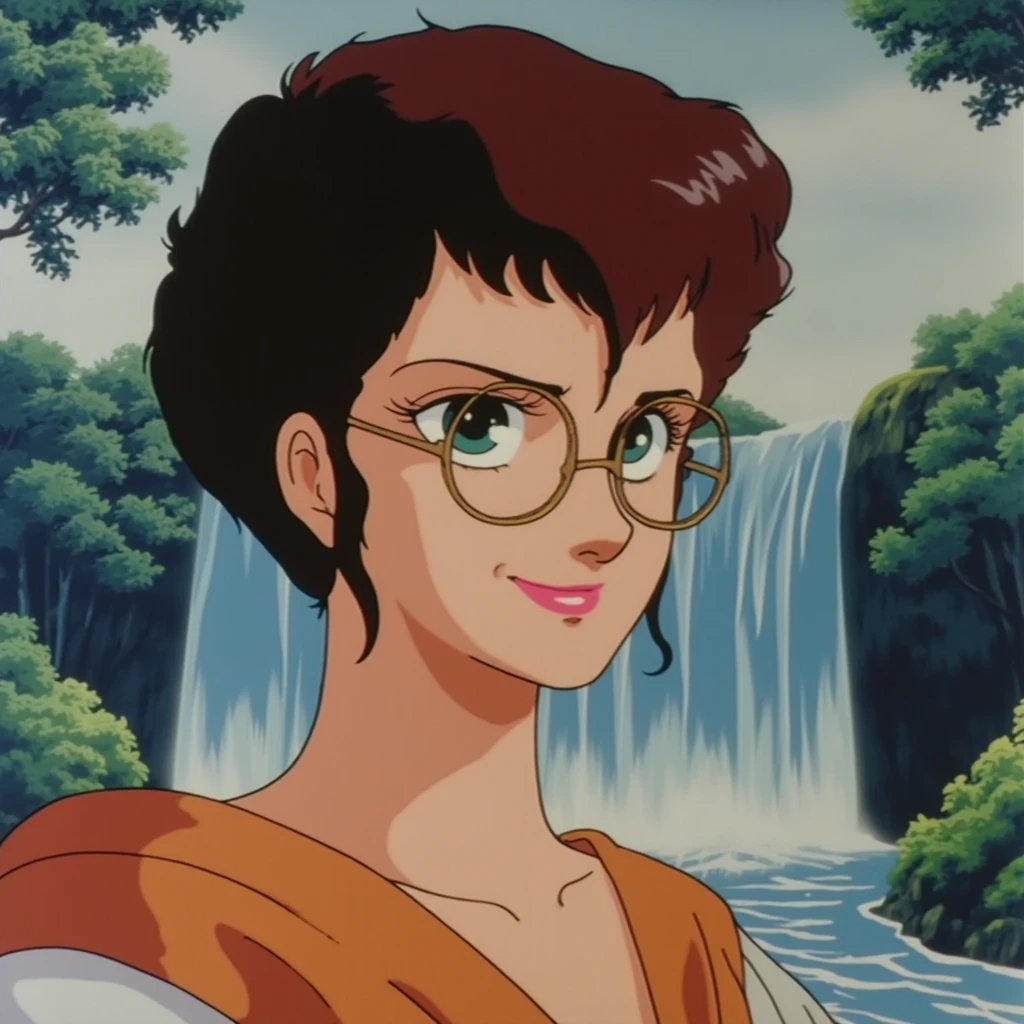 In style of Windaria. Upperbody portrait of a chubby young woman with a warm smile and glasses. Her eyes are a grey green and she has a small round nose. Her hair is really short and wavy and she wears medieval clothing. With a waterfall and a forest in the background.