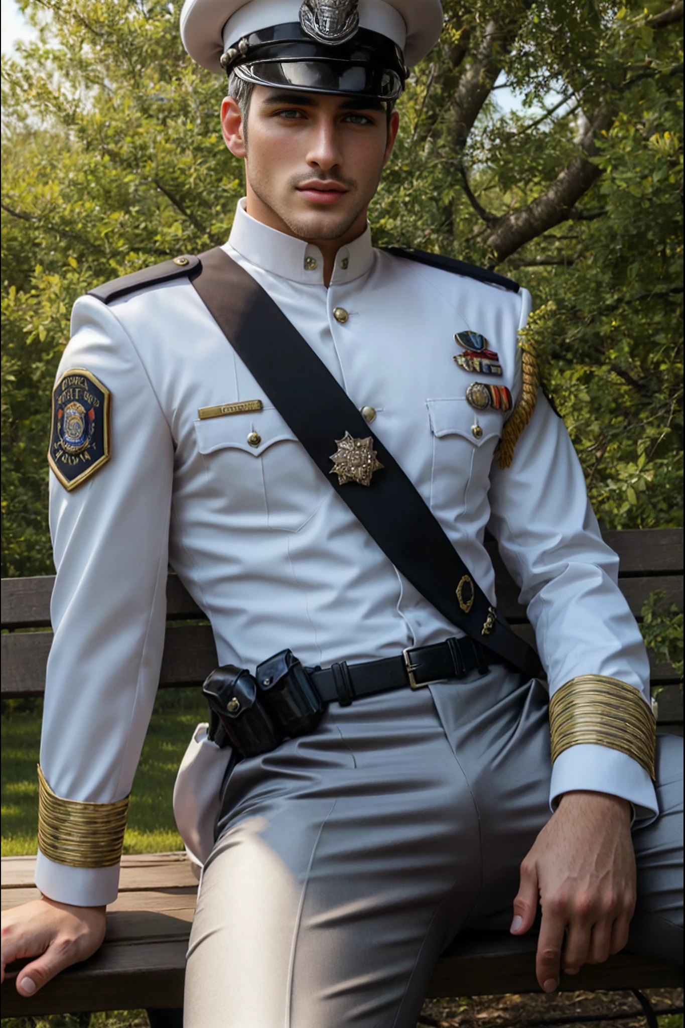 <lora:Colonel_Gerald_Taylor_GV:1> 1man, silver hair, steel grey eyes, Daddy, 55 years older male, Masterpiece, photo-realistic, Crystal clear, highly detailed, Hot guy sitting on a bench in a beautiful park, wearing tight belted Colonel's pants and officer's uniform jacket, officer's hat. <lora:muscle_slider_v1:-2>