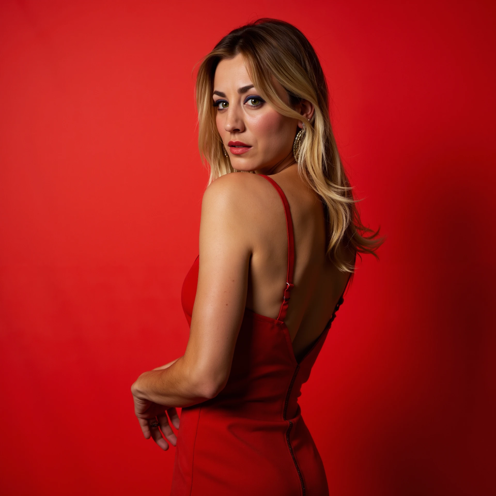 The image captures a woman posed against a deep red background that creates a bold, monochromatic aesthetic. She stands with a confident and poised demeanor, her body angled slightly to the side while her face is turned toward the camera, establishing direct and intense eye contact. Her expression is serious yet calm, exuding self-assurance and elegance. The lighting is soft and diffused, evenly illuminating her face and body while subtly accentuating the contours of her features and the natural texture of her skin.
Her blonde hair is styled in loose waves, framing her face softly and giving a casual yet refined appearance. Her makeup is understated, highlighting her natural beauty with glowing skin, full, dark eyebrows, and a hint of neutral-toned lipstick. She wears a sleek red dress that matches the backdrop, creating a cohesive visual effect. The dress features thin spaghetti straps and a draped neckline, adding an element of understated sophistication. Small hoop earrings are her only visible accessory, subtly adding to the polished yet minimalistic styling.
The background is entirely flat and uniform in color, with no visible texture or pattern, allowing the focus to remain entirely on the subject. The composition is simple yet striking, with the use of red dominating both the foreground and background, creating a sense of harmony and visual impact. The lighting and styling choices emphasize the elegance of the subject while maintaining a minimalist and contemporary feel. The overall atmosphere of the image is warm, bold, and intimate, drawing the viewerâs attention to the subjectâs expression and presence.