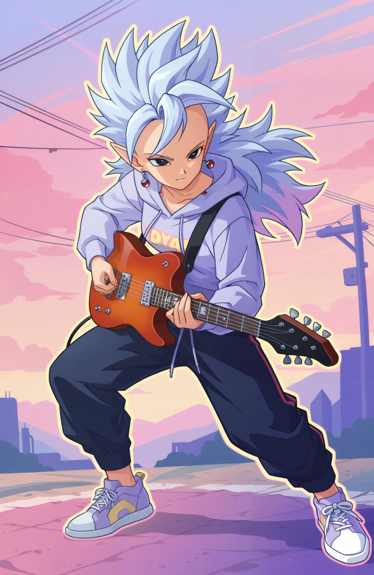 masterpiece, best quality, pastel colors, 80's theme, colorful, thick outline, vector graphics, outdoors, 1girl, solo, closed mouth, long hair, light blue purple hair, spiked hair, mohawk, black eyes, pointy ears, red earrings, potara earrings, hoodie, sweatpants, holding instrument, electric guitar, dynamic pose, full body, sneakers <lora:West_Supreme_Kai_V2:0.6>