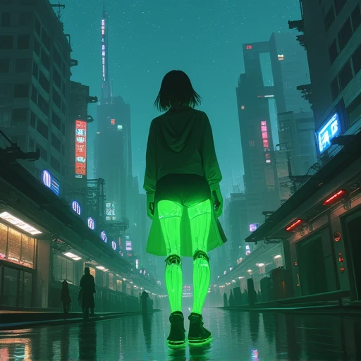 Glowing prosthetic, a woman with glowing green prosthetic legs standing in front of a scifi city