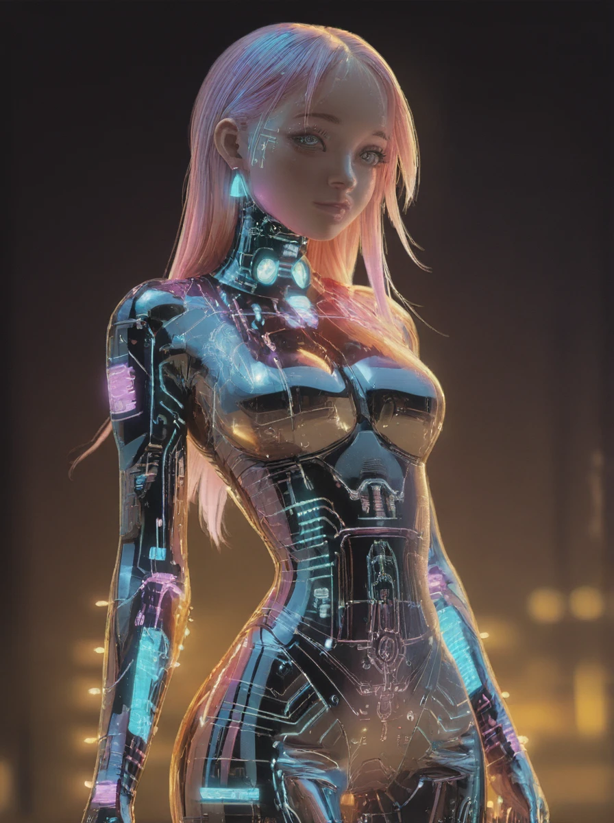 eotardo blanco, Very malnourished anorexic woman cybernetic body parts, Ciudad Cyberpunk l , luces de neon