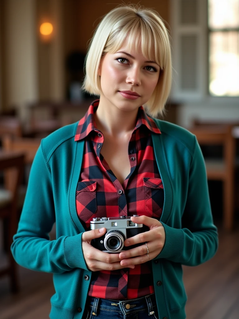 a high-resolution photograph featuring a woman, mich3113wi114m5, with a confident and slightly mischievous expression, she has short, straight, platinum blonde hair with blunt bangs, and her skin is fair, her facial features are delicate, with a slight blush on her cheeks and a soft, inviting smile, she is wearing a teal, long-sleeved cardigan with a white collar, and a red and black plaid blouse, her outfit is completed with a pair of dark blue jeans, she holds an old-fashioned, vintage-style camera in her hands, which is silver in color and has a small, circular lens, the camera is held close to her chest, with her fingers adorned with a ring, the background is blurred, but it appears to be a rustic, indoor setting with wooden furniture and a window with white shutters, suggesting a cozy, homey environment, the lighting is soft and natural, enhancing the warm tones of her attire and the textures of her clothing, the overall mood of the photograph is nostalgic and nostalgic, evoking a sense of timeless beauty and timelessness