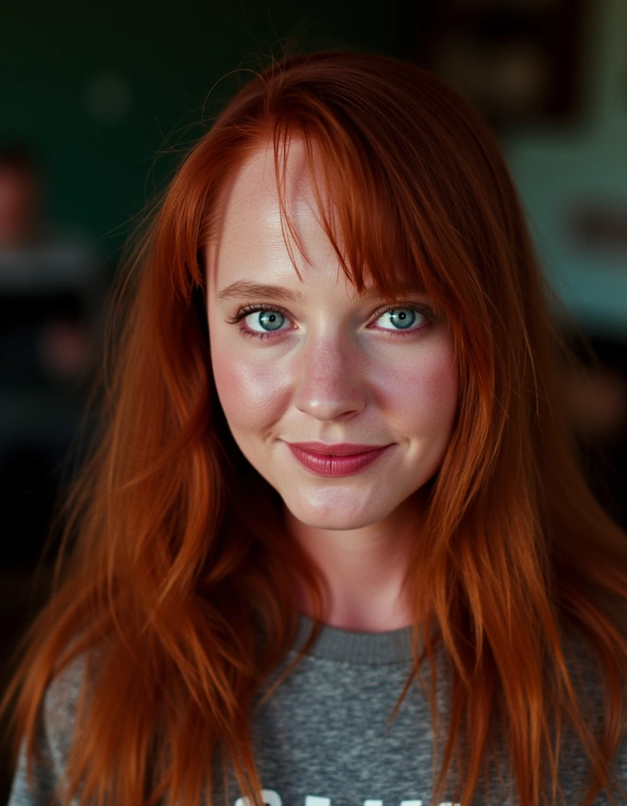 A conceptual portrait of a red haired young woman, wearing casual clothes. She has bright beautiful face makeup, and her expression is calm and contemplative happy. She's looking at the viewer.  She's at school. Her smile is innocent, naive and sincere. The image is high-contrast, with deep blacks and blurry highlights. Camera Settings: Captured with a Canon EOS-1D X Mark III, 85mm lens, f/1.8, with high dynamic range to make the hair glow against the dark background.  <lora:Alice - nightmare on elm street 4:1>