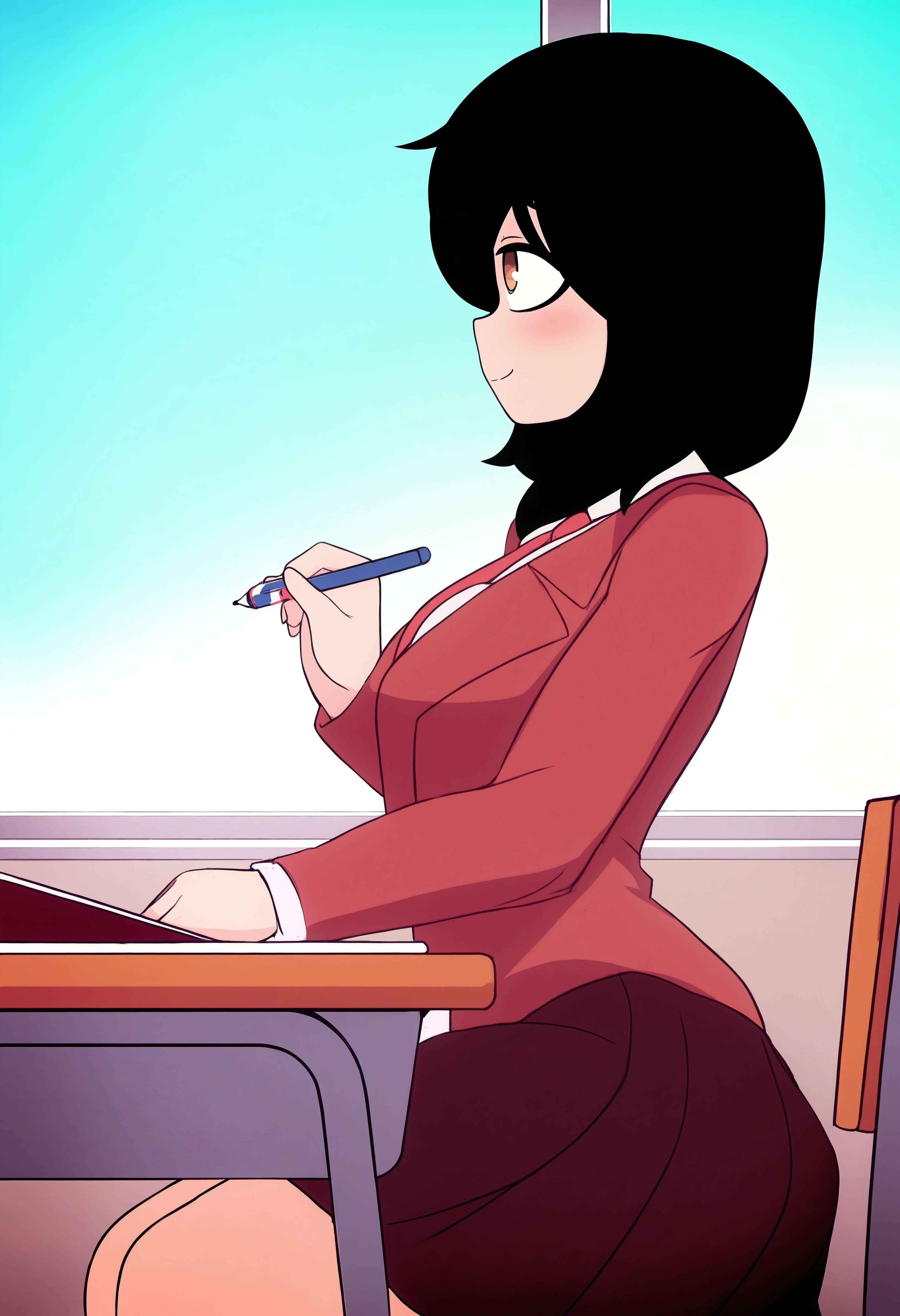 1girl, solo, akutox3, black hair, brown eyes, standing, smile, closed mouth, school uniform, blazer, necktie, writing, serafuku, pleated skirt, from side, looking away, indoors, classroom, school chair, sitting, school desk, holding pen, notebook, window, blue sky, best quality, amazing quality, very aesthetic, absurdres