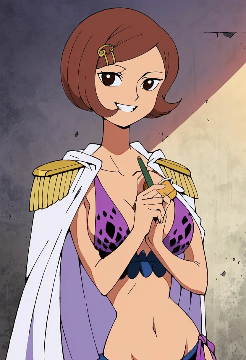 NerineOP, 1girl, solo, brown hair, short hair, hair clip, black eyes, lips, wide head, white cape, epaulettes, cleavage, large breast, bikini, bikini top only, short skirt, shoes, purple clothes, polka dot bikini, polka dot skirt, navel, midriff, groin, collarbone, notebook, pen, takes memos,
seductive pose, sexy pose, tease,  in the spotlight, ruins, smile,
 score_9, score_8_up, score_7_up, beautiful aesthetic, very intricate, high quality details,vibrant, highly detailed, award-winning, professional,anime artwork, anime style, studio anime, athletic, curvy body, athletic girl, perky tits,large breast,perfect tits, round breasts, nipple outline,looking at viewer, pinup pose,teasing, dynamic lighting, cinematic, smug, better than you, aura of temptation, highly detailed, high resolution, masterpiece, detailed clother, detailed background, highly detailed, ((sound effects)) comic layout,