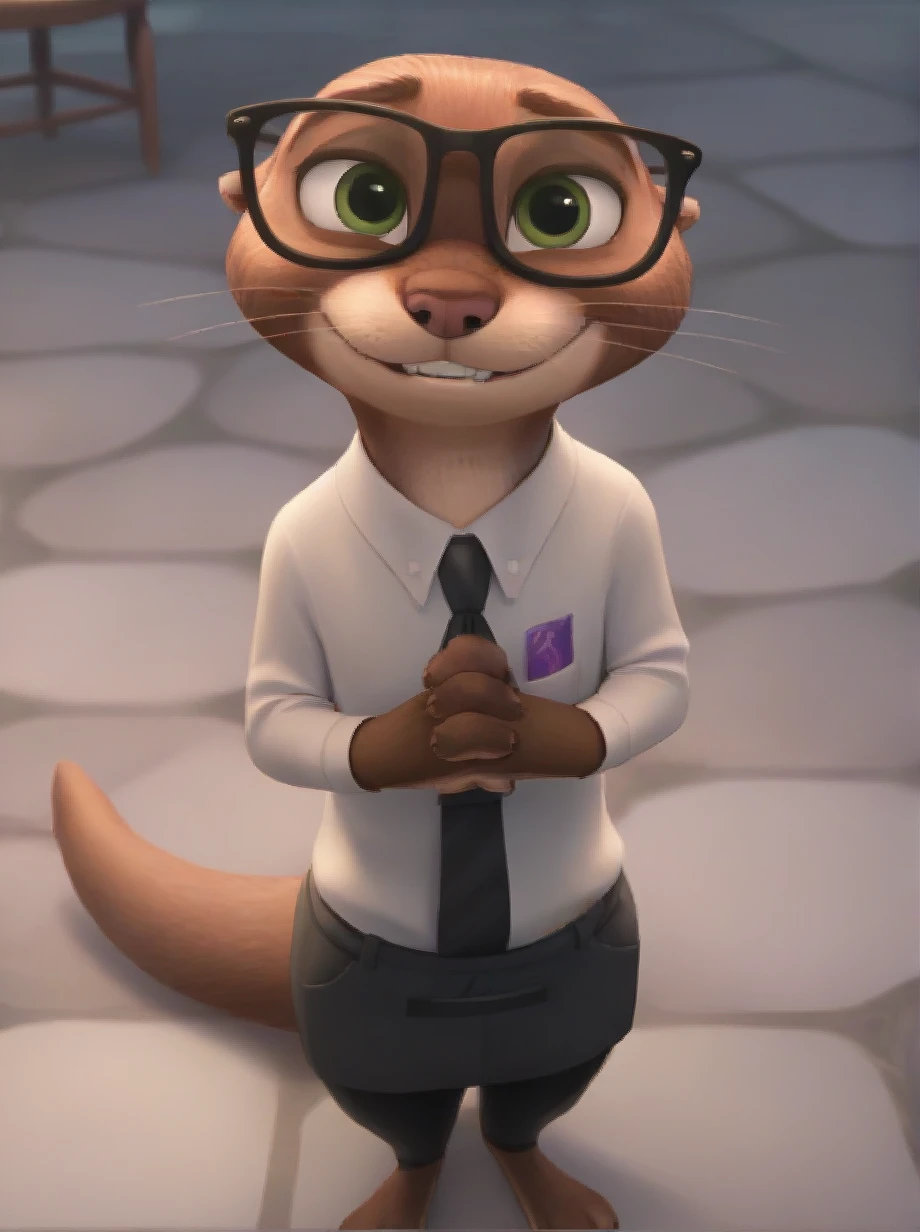 Sam+, otter, high angle, shirt, tie, pants, looking at viewer, tail, relaxed, light smile, teeth, inside, tile floor, restaurant, table in background, ears, hands together