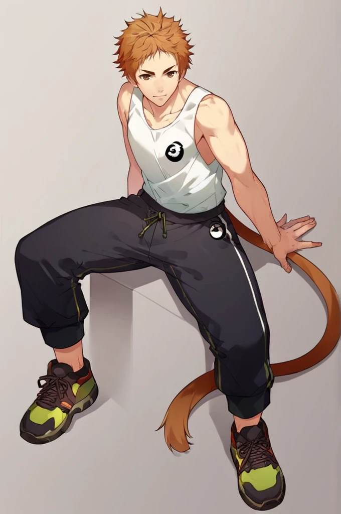 score_9,score_8_up,score_7_up,score_6_up,score_5_up,score_4_up,1boy,Antera,brown eyes,bare arms,bare shoulders,monkey logo,white tank top,track pants,sneakers,monkey tail,sitting,<lora:Antera_pony:1>,