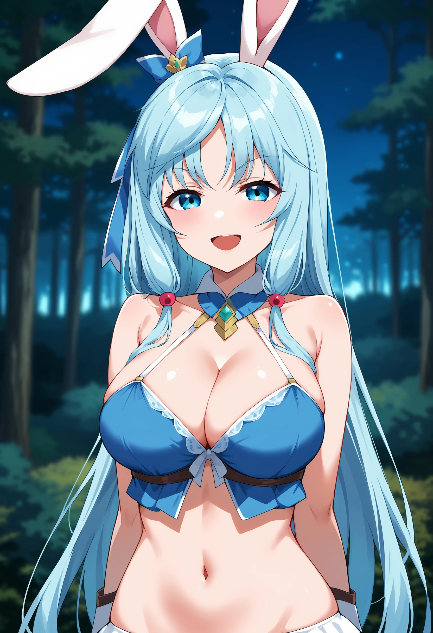 EBShea, 1girl, solo, long hair, blue eyes, hair ornament,medium breasts, blue hair, rabbit ears, light blue hair, large breasts, animal ears, cleavage, bare shoulders, very long hair, midriff, standing, smile, open mouth, smug, :3, outdoors, forest, night sky, absurdres, beautiful detailed background, depth of field, blurry background, upper body, thick thighs, close-up, 
 <lora:xl_more_art-full_v1:0.9>, <lora:SheaHaulia-10:0.9>,
