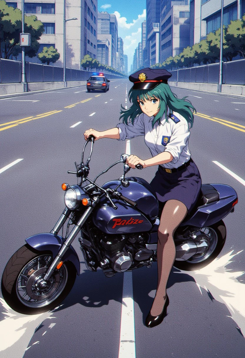 akira slide, 1girl, police uniform, police, ground vehicle, uniform, policewoman, hat, riding, skirt, motor vehicle, green hair, pencil skirt, motorcycle, 1girl, jenny