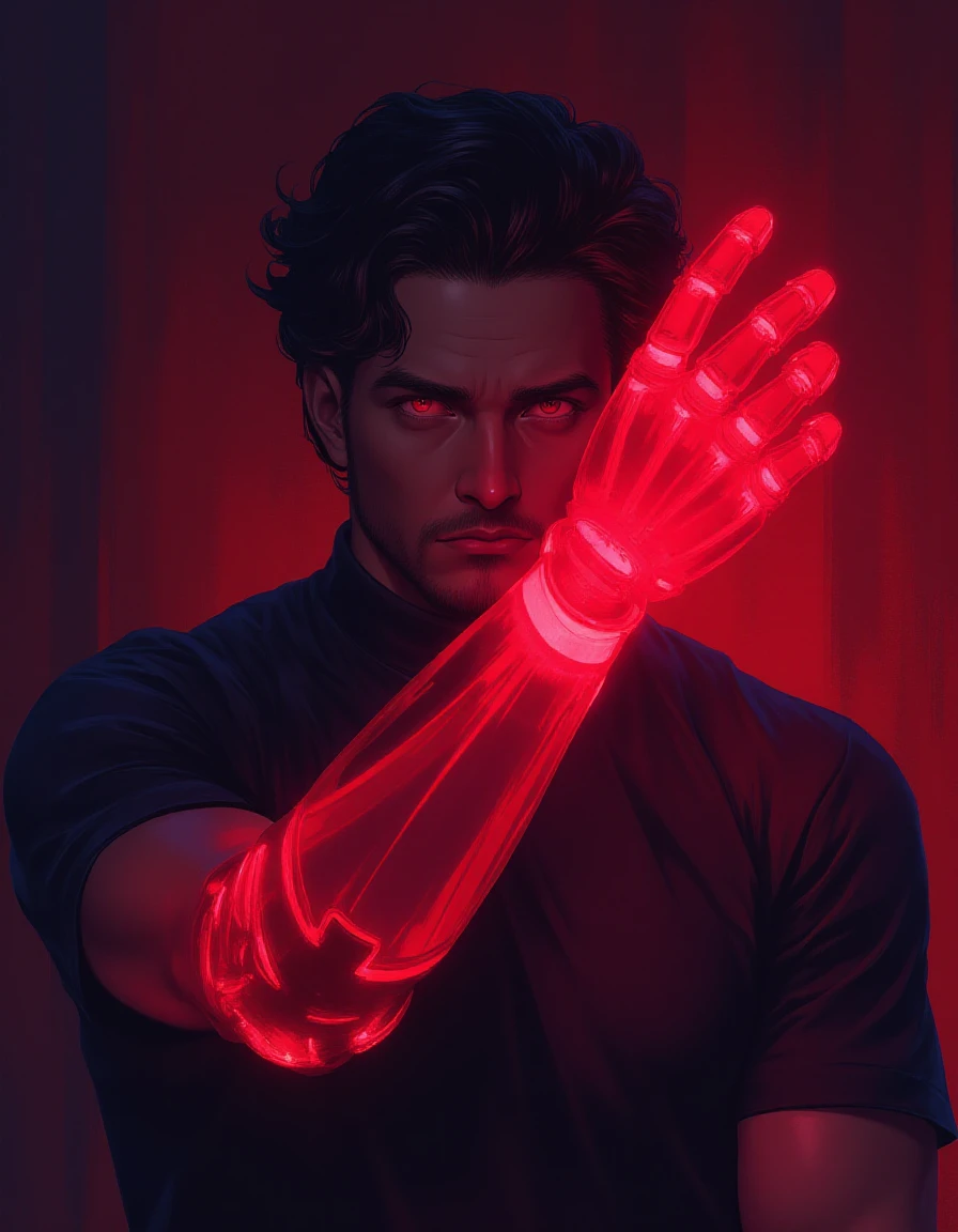 semi realism anime style, a man with a glowing prosthetic hand, glowing red  <lora:Glowing_Prosthetic:1>