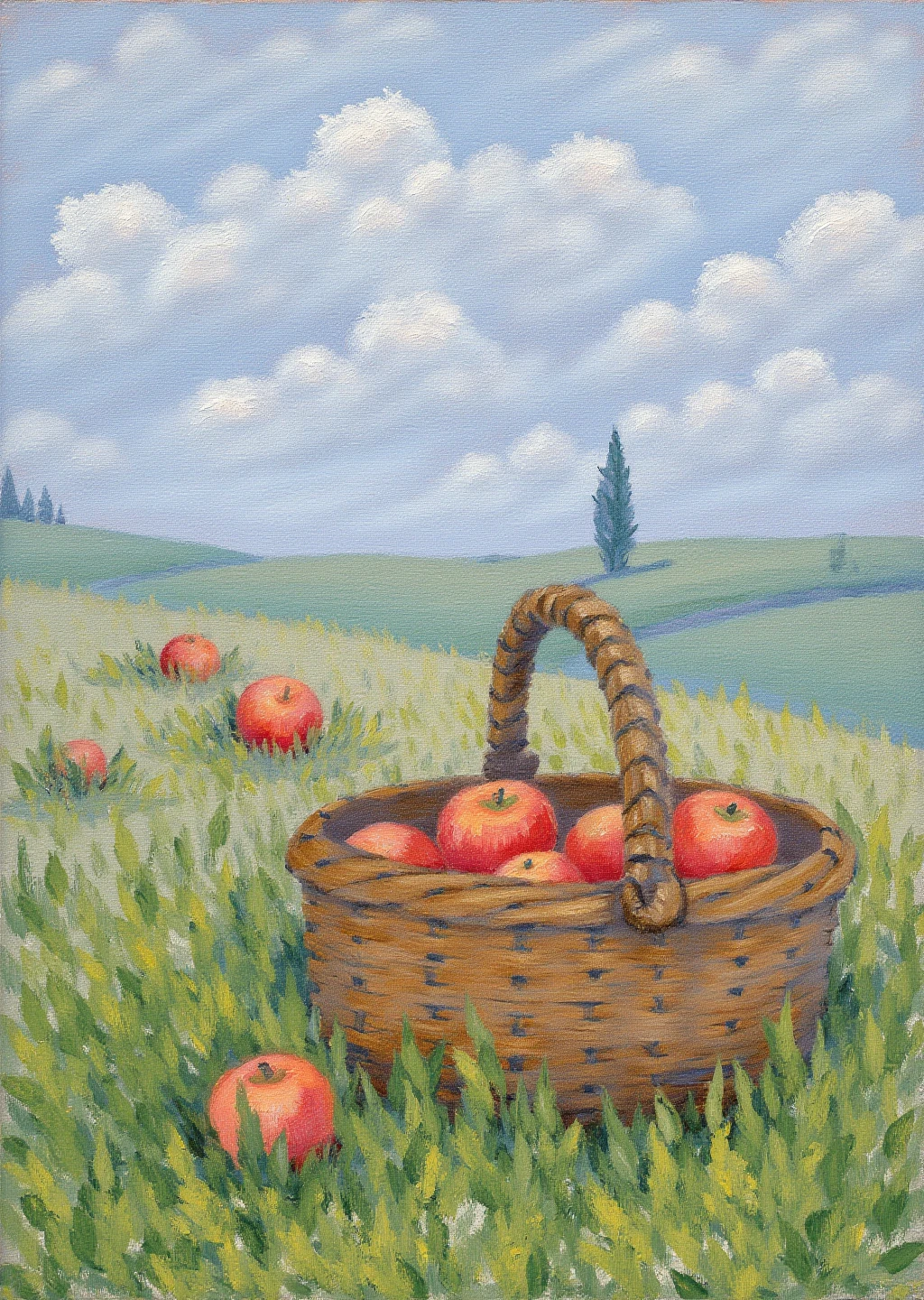 a painting of a wicker basket with apples in it resting in the grass, it is rendered in a painterly style and uses large brush strokes, it is an impessionist painting by Claude Monet, the sky is abstract and beautiful, the painting uses pastel colors and cool tones