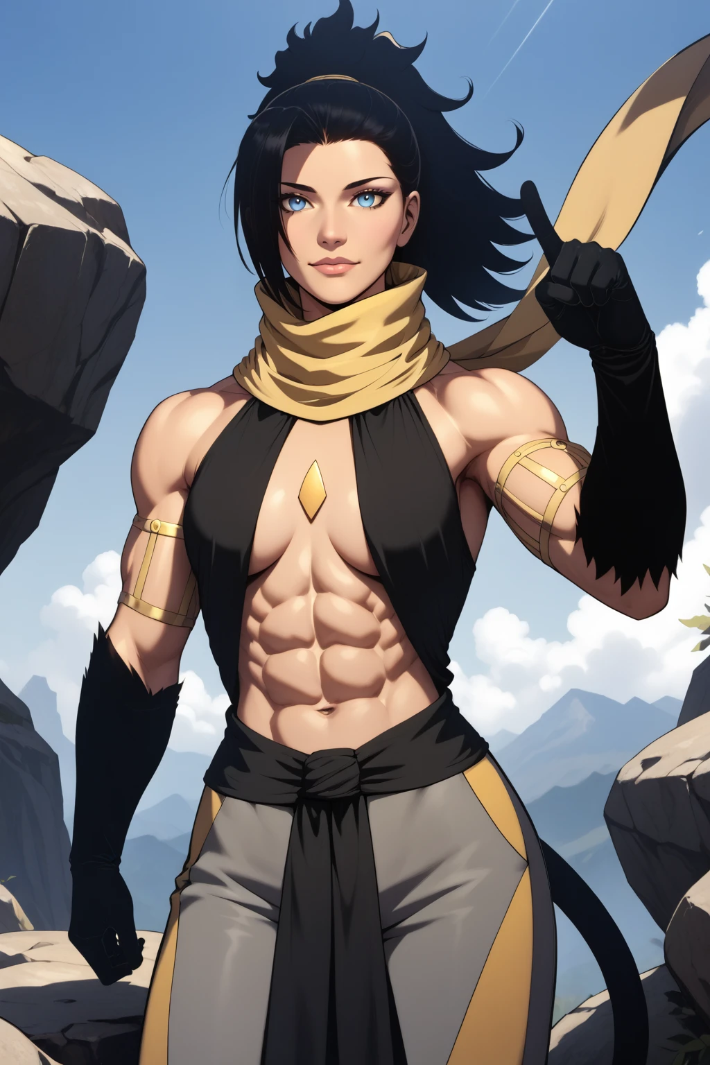 score_9, score_8_up, score_7_up, masterpiece, high quality, BREAK, realistic
 <lora:RinfahLoRA:1>rinfah, long hair, ponytail, hair over one eye, eyes open, blue eyes, scarf, bare shoulders, criss-cross_halter, muscular, abs, armlet, gem on chest, black gloves, elbow gloves, sash, baggy pants, tail, cat tail, yellow footwear, 1 knee, on a rock, pointing