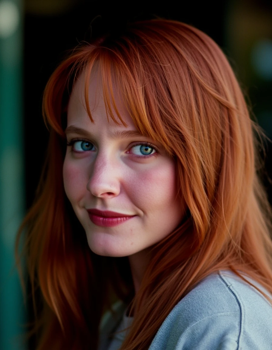 A conceptual portrait of a red haired young woman, wearing casual clothes. She has bright beautiful face makeup, and her expression is calm and contemplative happy. She's looking at the viewer.  She's at school. Her smile is innocent, naive and sincere. The image is high-contrast, with deep blacks and blurry highlights. Camera Settings: Captured with a Canon EOS-1D X Mark III, 85mm lens, f/1.8, with high dynamic range to make the hair glow against the dark background.  <lora:Alice - nightmare on elm street 4:1>