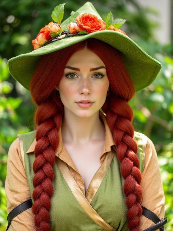 <lora:Mirabel_Garlick:0.9> mirabel garlick, full body,  a woman with a hat with flowers and redhair long twin bread, freckles, green eyes, closeup face portrait in a garden.