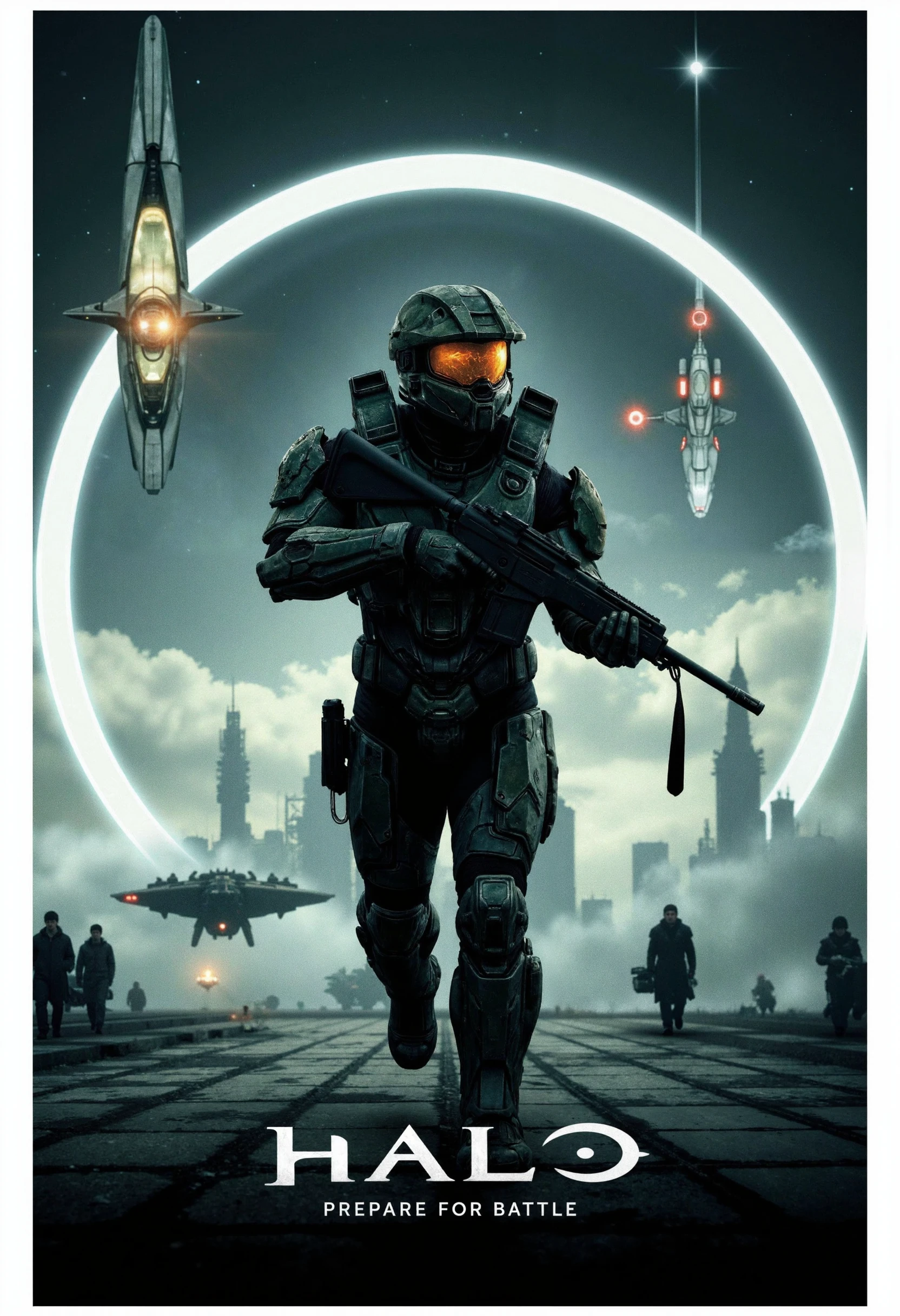 allposter, Create a futuristic, action-packed poster for Halo. Feature Master Chief in full armor, holding his iconic assault rifle, with the Halo ring structure looming in the background. Use high-tech, sci-fi elements like holograms, energy shields, and sleek starships to enhance the posterâs intensity. The title 'HALO' should be in bold, metallic typography at the top, with a tagline like 'Prepare for Battle' underneath. The color palette should be cool, with metallic greys, greens, and blues, emphasizing the high-stakes, intergalactic warfare theme.<lora:Flux.1_Turbo_Detailer.safetensors:0.75:0.75> <lora:FLUX_All_Posters.safetensors:0.7000000000000001:0.7000000000000001>