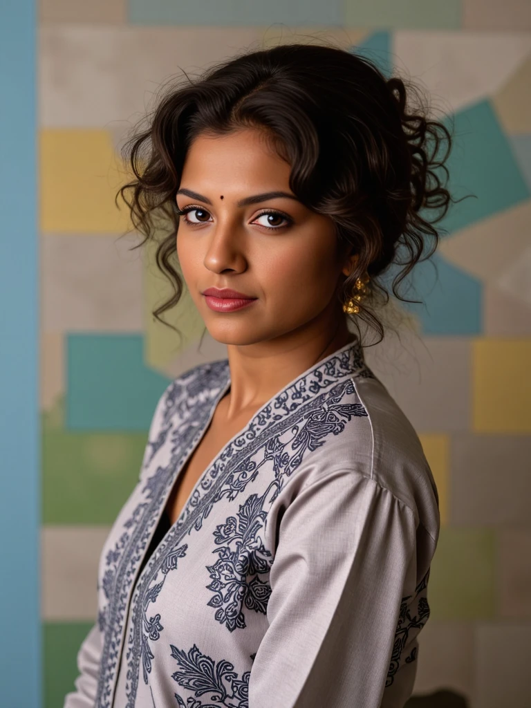 headshot photo of desi_dark  rubensque woman, candid photo with natural colors, serious expression on face,studio quality, wearing intricate conservative long sleeved Grey Kalamkari Dress (hand-painted fabric), curls, constrasting pastel multicolored background, cinematic soft lighting <lora:DesiCoffee_Flux_Kohya_LoRA_v2:1>âââ