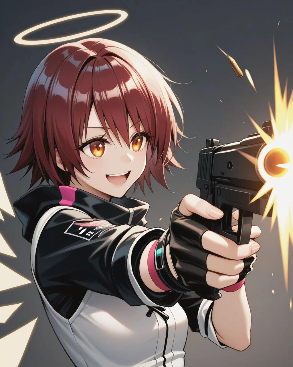 1girl, exusiai \(arknights\), arknights, fingerless gloves, holding gun, firing, cartridge, 
open mouth, smile, 
<lora:toloverudarkness_illustrious_msp-000020:1>, masterpiece