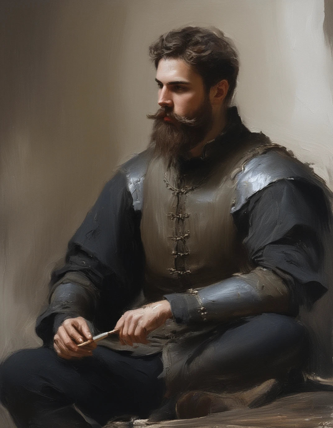 masterpiece, best quality, absurdres, artstation, oil painting, oil painting style, BREAK, 1boy, beard, mustache, brown hair, short hair, sitting, dynamic pose, artistic, medieval, brush stroke, dripping paint, paint, <lora:Artistic_Oil:1>,âââ