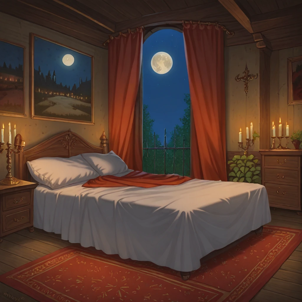 medieval_brothel, bedroom, scenery, candlestand, plant, rug, carpet, sky, full moon, painting (object), bed, moon, night, lamp, pillow