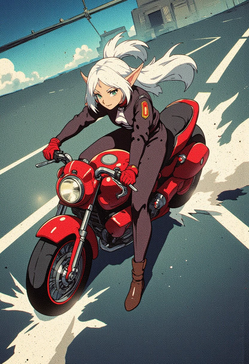 Retro anime image of a woman sliding her large red motorcycle across the road, AkSlide,nereirfpnxl, frieren, elf, pointy ears, green eyes, white hair, twintails