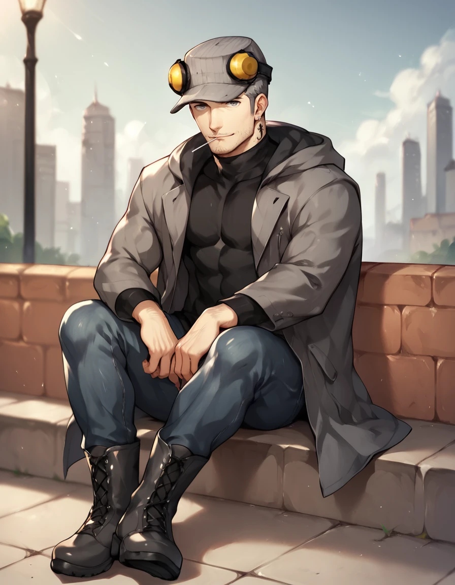 score_9, score_8, score_7_up, score_6_up, score_5_up, solo, outdoors, cityscape
BREAK <lora:Persona_5_-_Munehisa_Iwai_-_Pony_2:0.7>, (m_iwai, grey hair, mature male, grey eyes, short hair, stubble, neck tattoo, grey hat, ear protection, multiple earrings, black turtleneck, grey long coat, jeans, boots), sitting, looking at viewer, lollipop in mouth, hood down