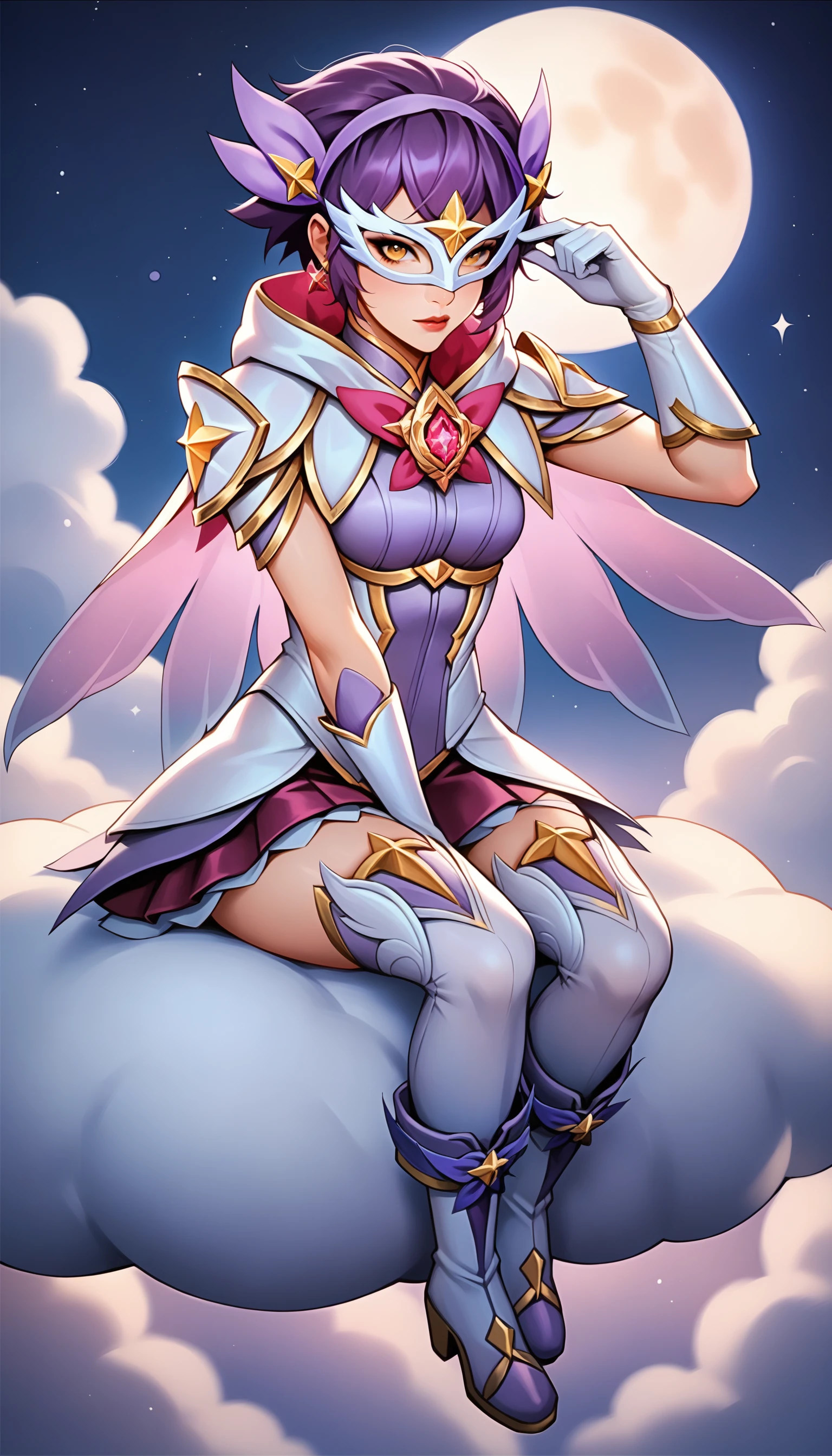 score_9, score_8_up, score_7_up, (masterpiece, best quality), 1girl,
star guardian quinn, short hair, bangs, skirt, hair ornament, wrist gloves, full body, yellow eyes, purple hair, hairband, boots, white thighhighs, see-through capelet, boots, purple skirt, vambraces, white dress, eye mask,
(sitting on cloud:1.3), night, moon, midnight,