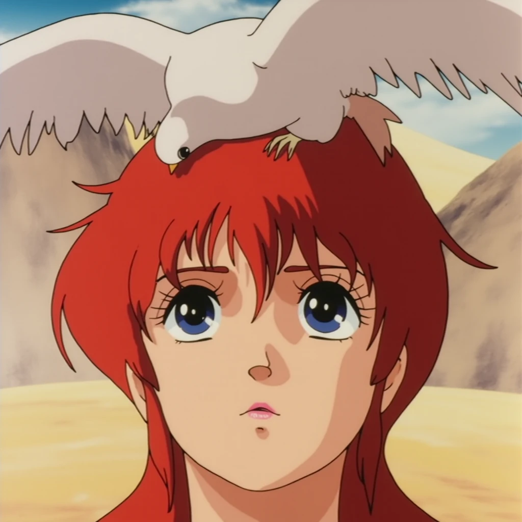 In style of Windaria. A girl with red hair in the desert, looking upwards with a annoyed expression. A small white bird is resting on her head, peeking over her hair and looking down at her with wide eyes.