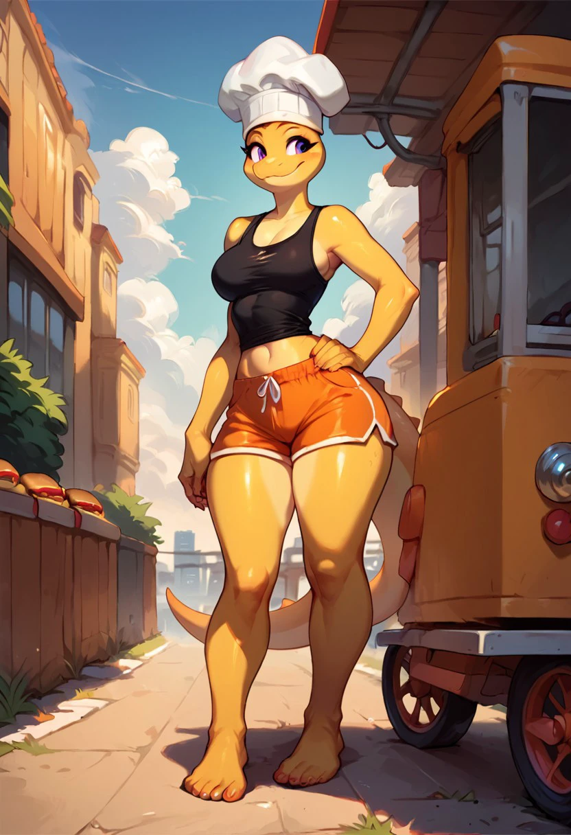 score_9, score_8_up, score_8. score_9, score_8_up, solo, ,tracy (snoot game), tail, thick thighs, barefoot, outdoors, city, day, lizard tail, hand on hip, yellow skin, snoot, chef hat, black tank top, orange shorts, BREAK, hot dogs cart, behind hot dogs cart, happy pace