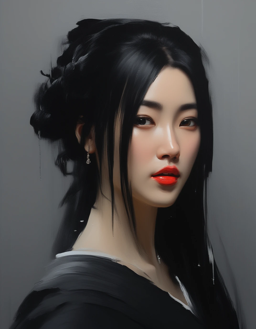 masterpiece, best quality, absurdres, artstation, BREAK, 1girl, oil painting, oil painting style, black hair, asian, dynamic pose, artistic, medieval, brush stroke, dripping paint, paint, <lora:Artistic_Oil:1>âââ