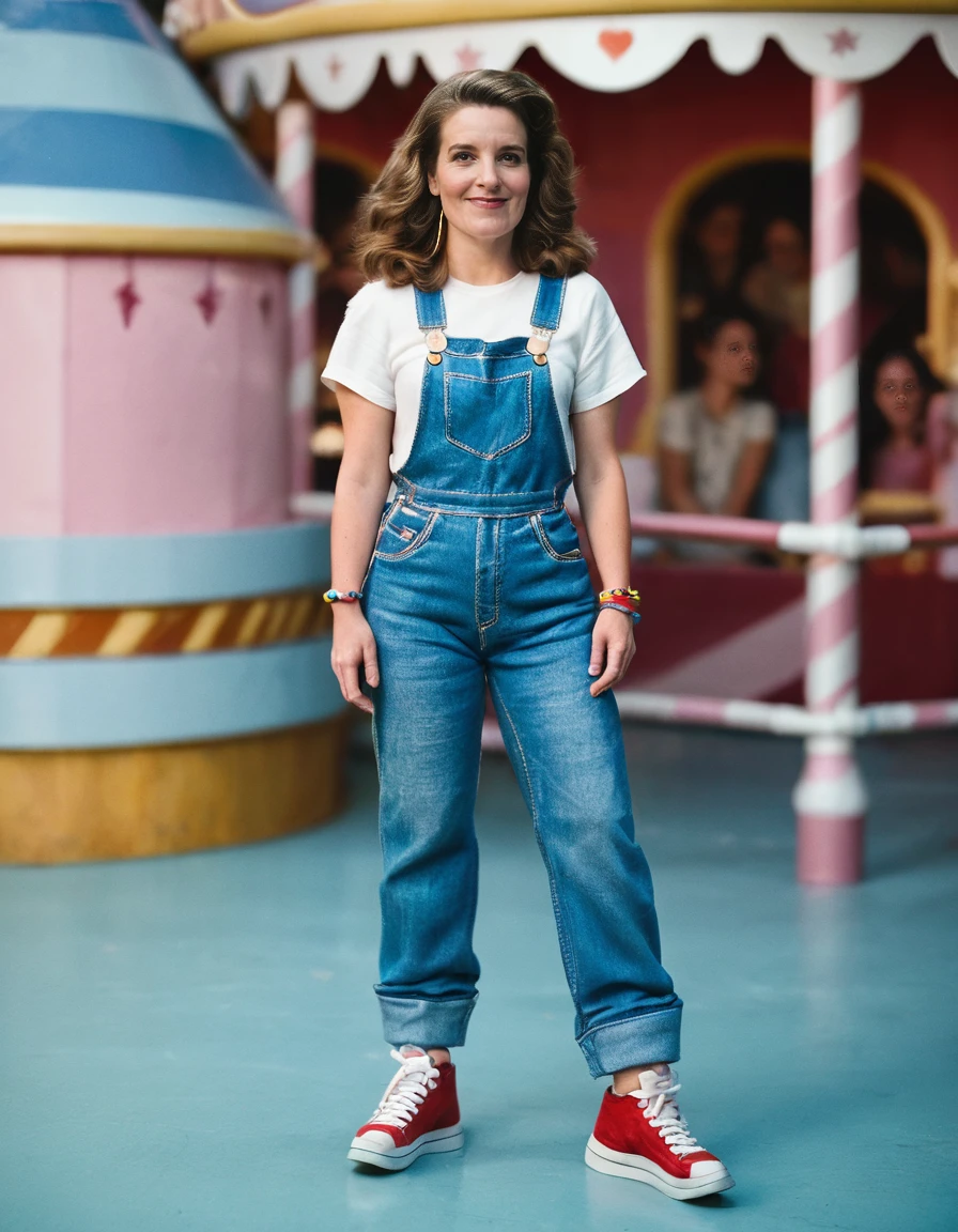 score_9, score_8_up, score_7_up, 
woman, wearing 90s fashion: tie-dye t-shirt, denim overalls, platform sneakers, brightly colored bracelets,, Whirling on a carousel with an infectious giggle, she embraces her inner child, embracing the simple joys of life,
depth of field, highly detailed, high contrast, film grain, Rim Lighting
<lora:tina_fey-Pony_v1:0.7>  skindetailpxl,