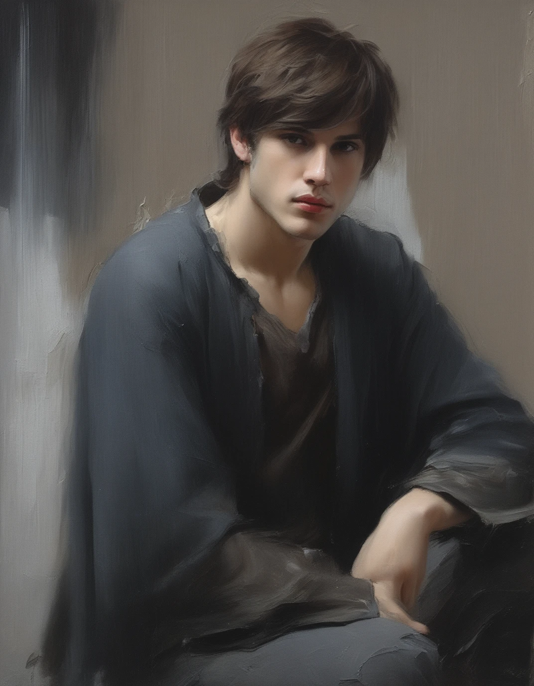 masterpiece, best quality, absurdres, artstation, oil painting, oil painting style, BREAK, 1boy, brown hair, short hair, sitting, looking at viewer, dynamic pose, artistic, medieval, brush stroke, dripping paint, paint, <lora:Artistic_Oil:1>,âââ