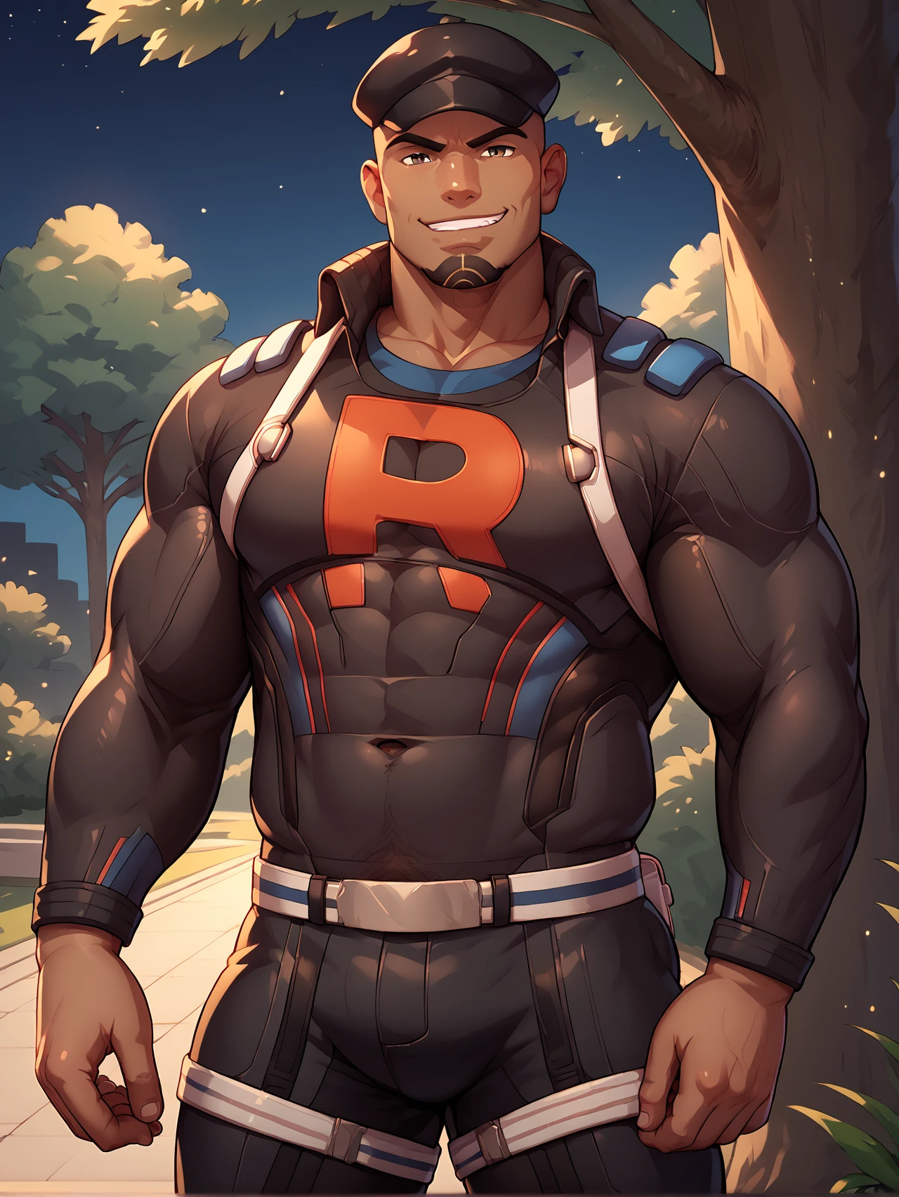 <lora:Cliff_PonyXL:0.95> cliffpokemon, black bodysuit, bodysuit, long sleeve, black headwear, muscular, bara, chubby, looking at viewer, dark skin, outdoor, park, tree, standing on tree, cowboy shot, smirk, night, score_9, score_8_up, score_7_up, score_6_up,