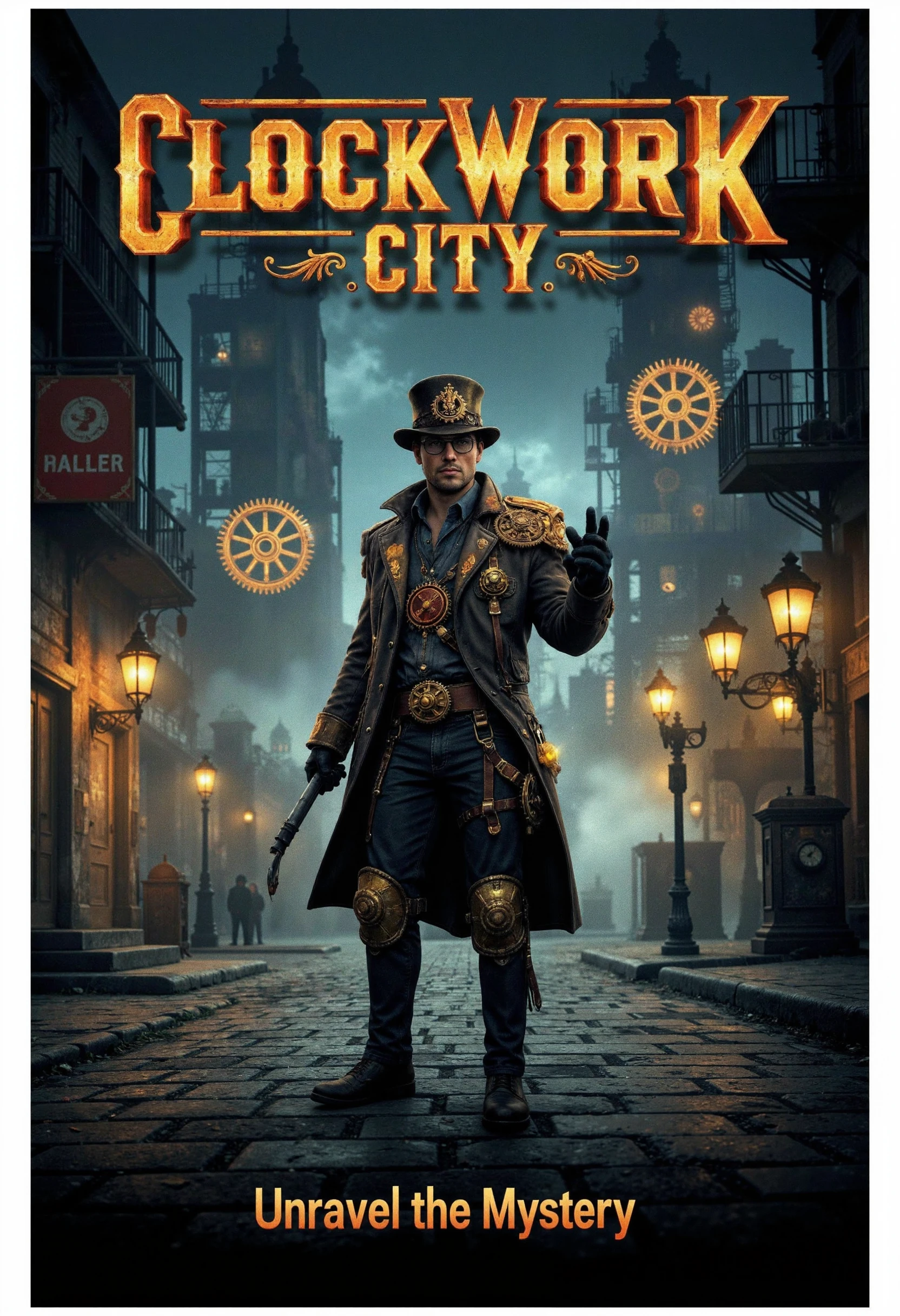 allposter, Design an adventurous poster for a steampunk game featuring a character in steampunk armor, surrounded by gears and steam-powered machinery in a Victorian-style city. Use the title, 'CLOCKWORK CITY,' in bold, brass-like typography with a slight glow, positioned at the top. Below, add the tagline, 'Unravel the Mystery,' in a Victorian-inspired font<lora:Flux.1_Turbo_Detailer.safetensors:0.75:0.75> <lora:FLUX_All_Posters.safetensors:0.7000000000000001:0.7000000000000001>