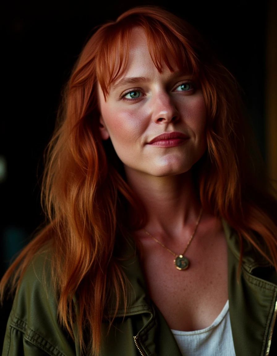 A conceptual portrait of a red haired young woman, wearing casual clothes. She has bright beautiful face makeup, and her expression is calm and contemplative happy. She's looking at the viewer. Her smile is creating a sense of mystery and connection to an unseen world. The image is high-contrast, with deep blacks and shimmering gold highlights. Camera Settings: Captured with a Canon EOS-1D X Mark III, 85mm lens, f/1.8, with high dynamic range to make the threads glow against the dark background.  <lora:Alice - nightmare on elm street 4:1>