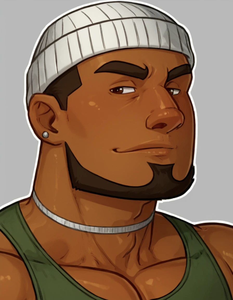 1man, solo, alone,
simple background,
portrait, medium shot, bust shot, front view, standing,
2d art, digital art,
<lora:djtdipxl:0.7> djtdipxl, dj (tdi), muscular male, dark skinned man, broad shoulders, handsome, masculine, white beanie, chin curtain, goatee, (button eyes:1), bara,
green shirt , grey shorts, sandals,
<lora:1dkXLP:0.7> 1DK,
 <lora:rokudenashi01c:0.6> rokudenashi,, score_9, score_8_up, score_7_up,