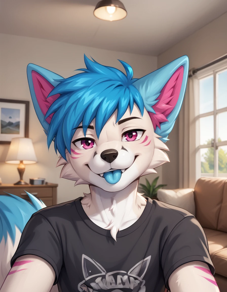 indoors,living room,
Oliver,1boy,solo,blue hair,furry male,fox,animal ears,pink eyes,white fur,body fur,short hair,tail,bangs,two-tone fur,animal nose,snout,fox tail,fox ears,purple eyes,animal ear fluff,
headshot,seductive smile,long eyelashes,tongue out,head head tilt,v,
green t-shirt,fang, 
<lora:Oliver_v01_PDXL:1>,