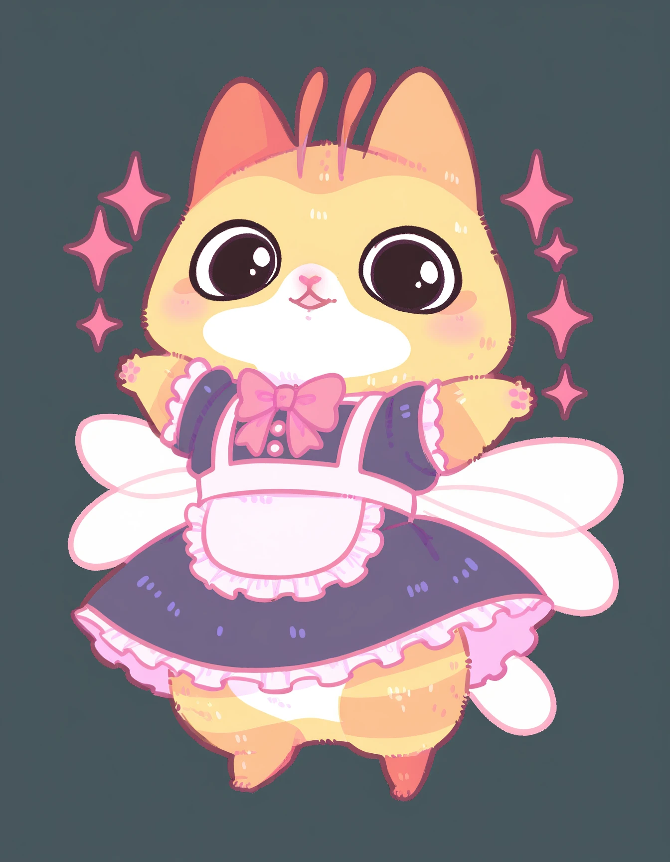 score_9, score_8_up, score_7_up, score_6_up, chibi, solo, feral
h0neycat, yellow fur, two tone fur, large black eyes, head antennas, transparent wings, pink nose, maid, breast, maid outfit, skirt, portrait, outstretched arms, reaching towards viewer, indoor, white face
 <lora:h0neycat_XL:0.9>