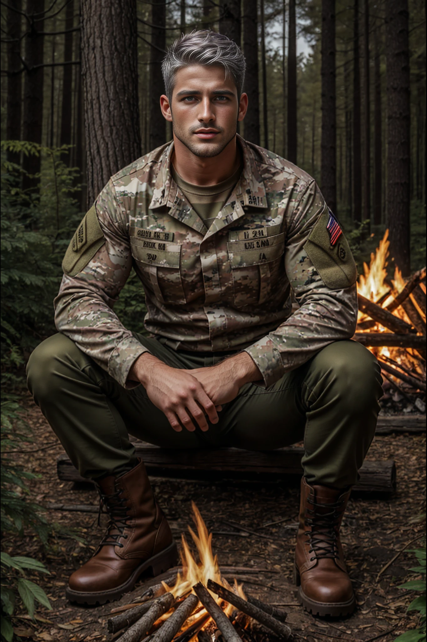 <lora:Colonel_Gerald_Taylor_GV:1> 1man, silver hair, steel grey eyes, Daddy, 55 years older male, Hot guy, Masterpiece, photo-realistic, Crystal clear, highly detailed, college man, professor. He is sitting near a (cozy bonfire) in a ((dark forest at night)), wearing camo pants, camo shirt, army boots, rolled up sleeves.