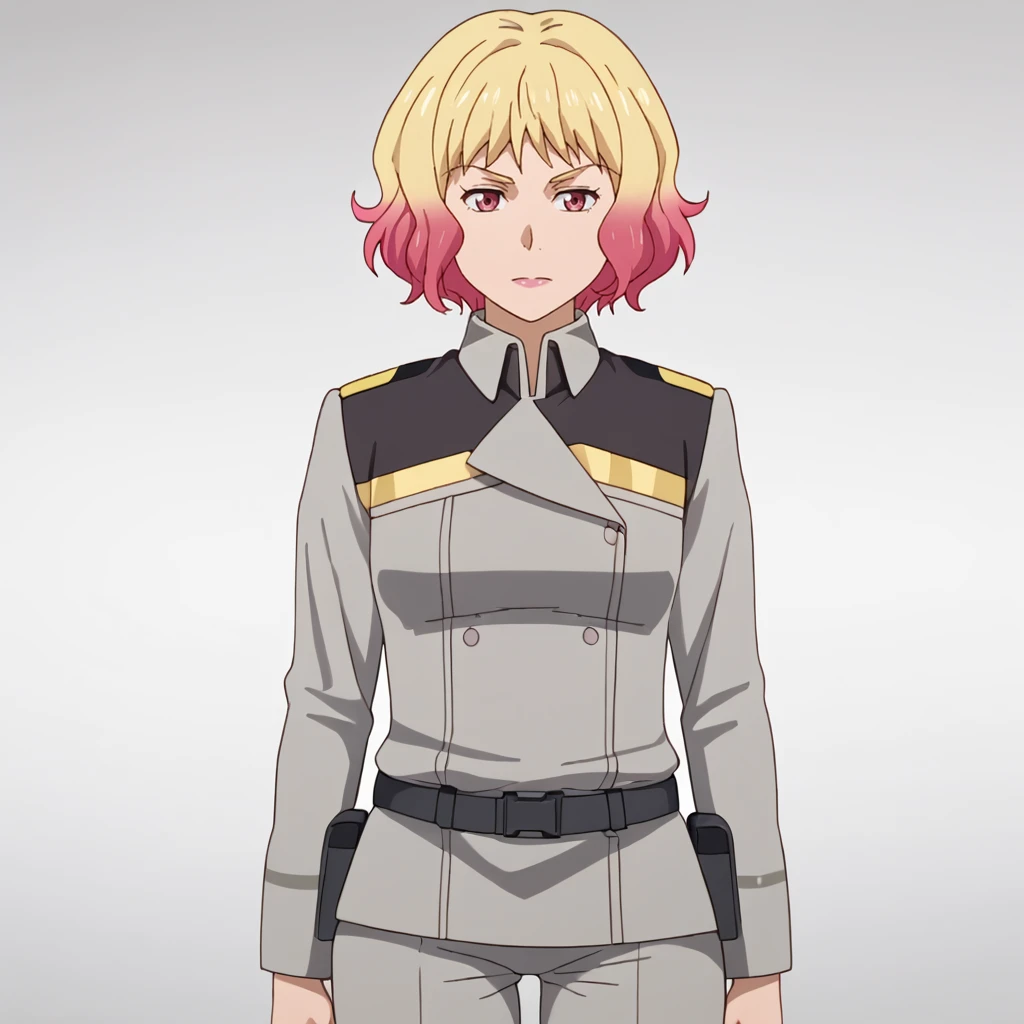 <lora:sofialouis_pony_v1:.75>  SofiaLouis, 1girl, military uniform, holster, belt, pants, short blonde pink multicolored gradient hair, cowboy shot