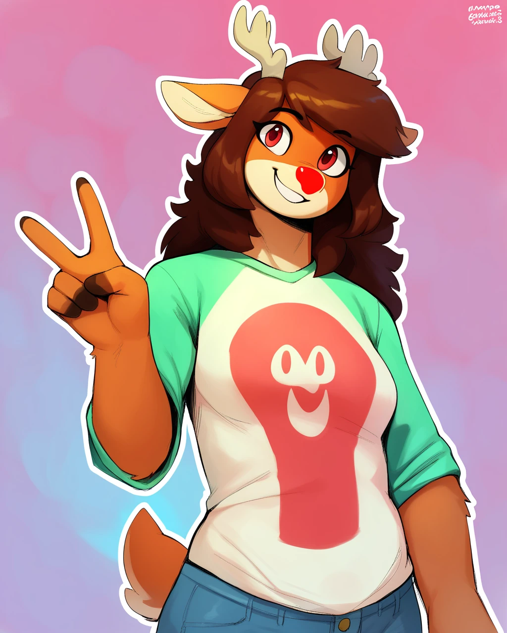 score_9_up, score_8_up, score_7_up, score_6_up, half-length portrait, furry, looking at viewer, solo, smile, happy, gesture, v sign, three-quarter view, head tilt, t-shirt, jeans,  tail, simple background, white outline, anthro, female, cervid, deer, antlers, brown hair, <lora:Rue_PDXL_v1.2:0.3> <lora:The-Minuscule-Task_PDXL_v1.0:0.7>