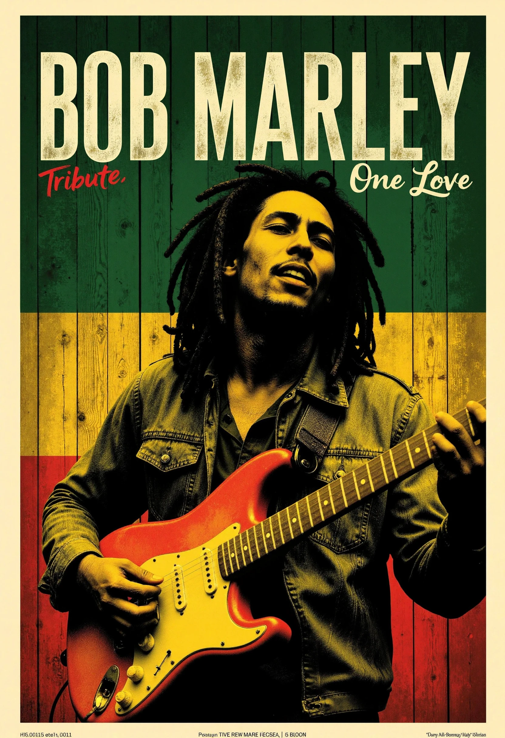 allposter, Create a warm, earthy poster for a Bob Marley tribute or concert event. The central image should show Marley mid-performance, with his iconic dreadlocks and guitar. Use a rich, natural color palette with greens, yellows, and reds, incorporating subtle textures like wood or fabric. His name, 'BOB MARLEY,' should appear at the top in bold, rustic typography, with the tagline, 'One Love' underneath in a smaller, handwritten style. Add the event details at the bottom in a relaxed font, capturing the positive, uplifting essence of reggae<lora:Flux.1_Turbo_Detailer.safetensors:0.75:0.75> <lora:FLUX_All_Posters.safetensors:0.7000000000000001:0.7000000000000001>