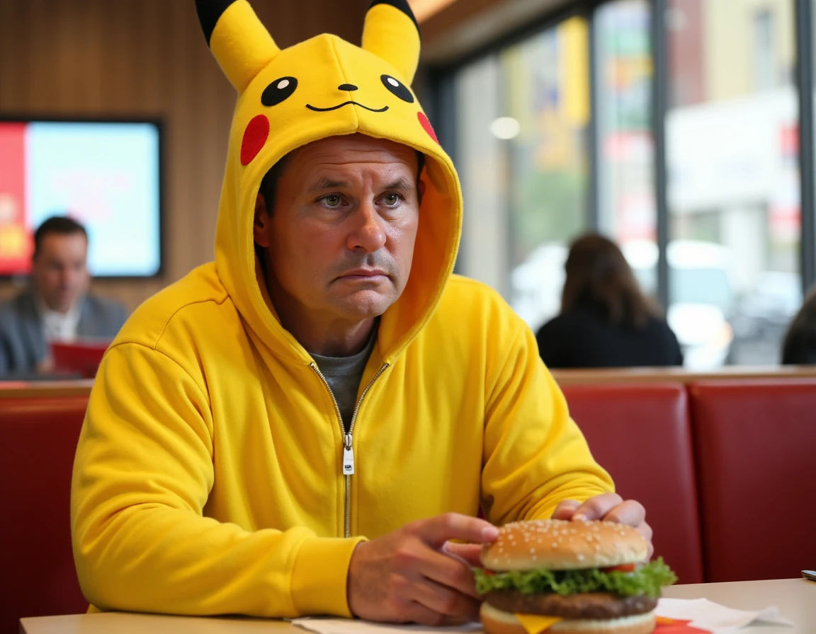 <lora:Kilmeade_ohwx_man_000001600:1> ohwx man wearing a pikachu costume at McDonalds. He's sitting at a table with a bigmac in front of him. Crying and sad facial expression due to election results.