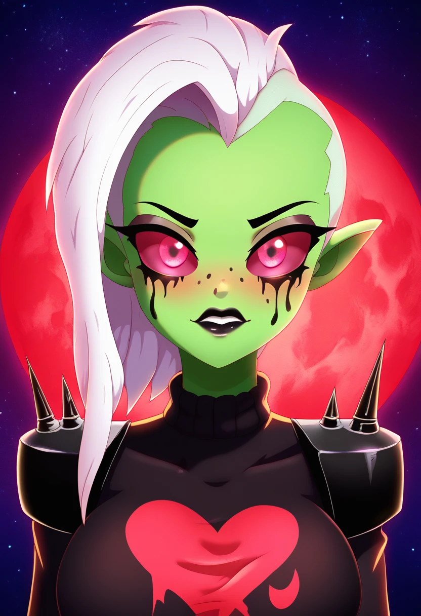 zPDXL, score_9,score_8_up,score_7_up,_up,source_cartoon, best quality, amazing quality, masterpiece, 1girl, looking at viewer, solo, blush, black lips, <lora:LordDominator3D:0.8>, lord dominator wo!262, green skin, breasts, white hair, pink eyes, freckles, no nose, pointy ears, dark forest, night, red moon, stars at the sky, wallpaper, beautiful nature, beautiful background, clevage,sweater, large breast, visible boobs, dalley alpha, <lora:DalleyLeAlpha:1.2>